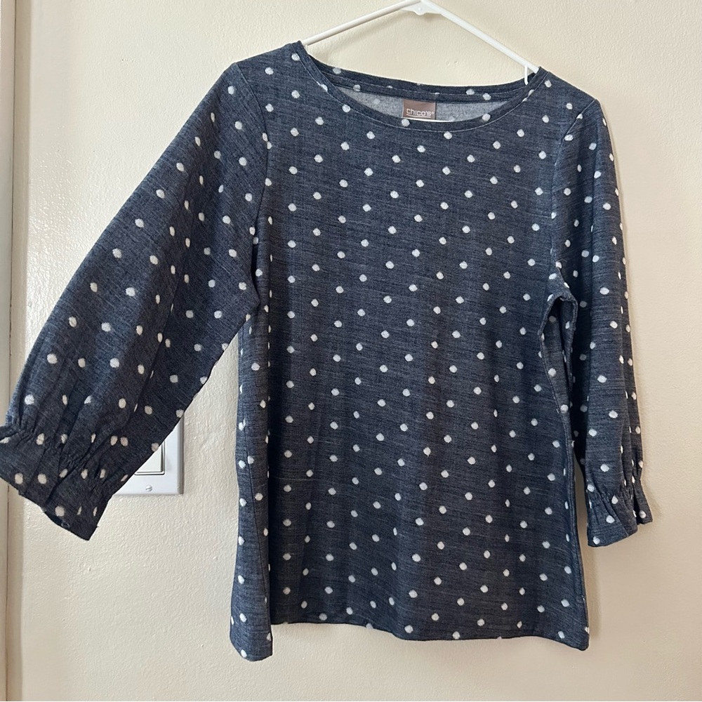 Chico's Blouse Size M Textured Polka Dot Ruffle Sleeve Preppy Smart Casual Boho
